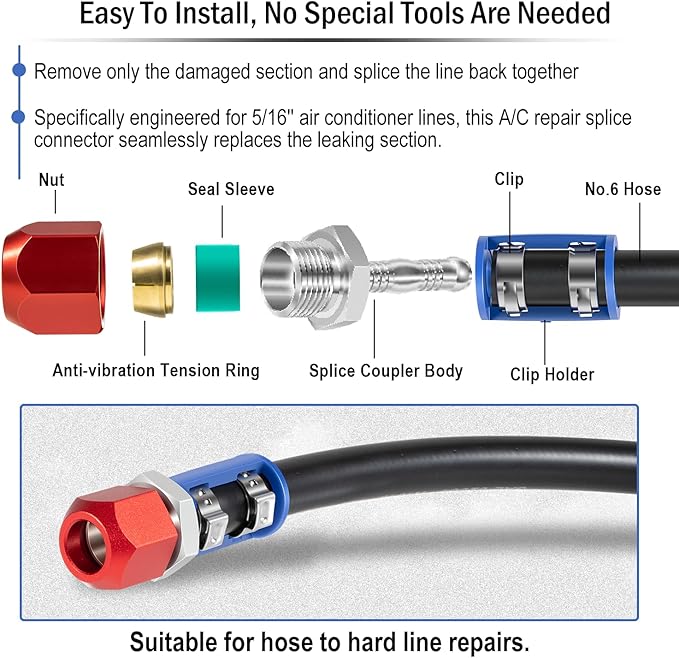 800-673 A/C Line Splice Kit for 5/16 Line With No.6 Hose, A/C Air Conditioning Repair Splice Connector, Universal Fit For 5/16'' Hose to Hard Lines Repair