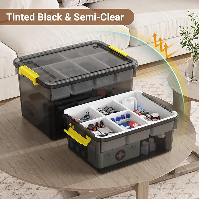40Qt Stackable Storage Bins with Lids & Trays, Clear Plastic Latching Boxes Organizers with Dividers Portable 10Gal Containers for Arts & Crafts, Home & Car Trunk Organization, Grey, 2Pack