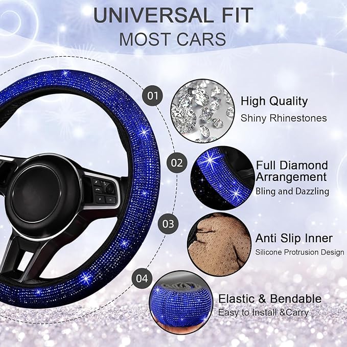 NBTEPEM 12 Pcs Bling Car Accessories Set for Women Car Floor Mats Full Set Steering Wheel Cover Seat Belt Covers Coasters Universal Fit Car SUV Truck Van Blue