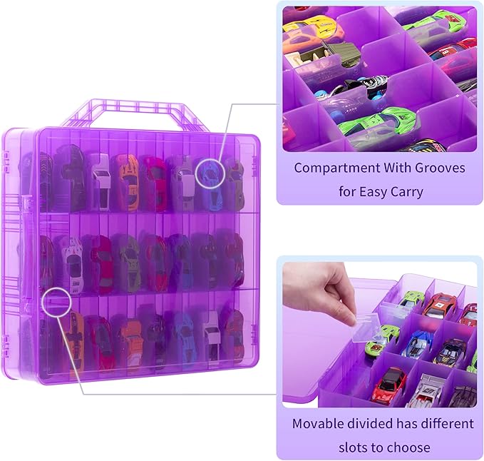 KISLANE Double Sided Toy Car Storage Case for 48 Toy Cars, Matchbox Cars, Mini Toys, Small Dolls, Portable Transparent Storage Case for Toy Cars, Matchbox Cars with 48 Compartments, Case Only