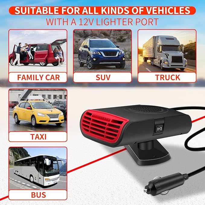 12V 150W Portable Car Heater, 2 in 1 Heating & Cooling Fan, Windscreen Defogger & Window Defroster,Fast Heating Car Heater with Cigarette Lighter, with 360° Rotatable Base, for Car Truck Rv Trailer