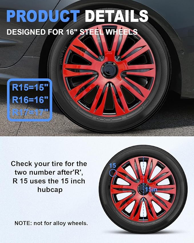 ABX Hubcaps,16 inch hubcaps Set of 4, Wheel Rim Cover ABS Material, Snap On Car Truck SUV Replacement, for Toyota Camry Nissan Mazda etc, Black&Red