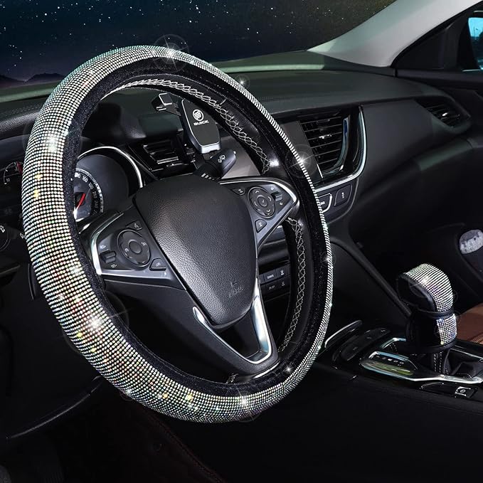 Bling Steering Wheel Cover Set 15 inch,7 Pack Crystal Diamond Rhinestone Car Accessories with Bling Seat Belt Cushion,Gear Shift Cover,Push Start Button Ring, Car Coaster,Multicolor