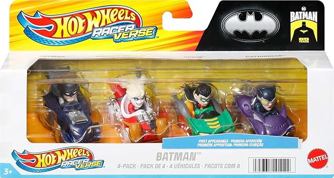 Hot Wheels RacerVerse, Set of 4 Die-Cast 1:64 Scale Toy Cars Optimized for Driving on Hot Wheels Tracks with Pop Culture Characters as Drivers