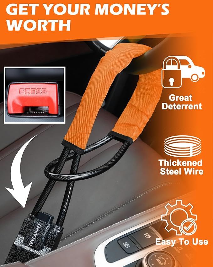 Tevlaphee Steering Wheel Lock Seat Belt Lock Universal Anti Theft Car Device Car Lock Car Theft Prevention with 3 Keys for Car Security Fit Most Vehicles Truck SUV Van (Orange)