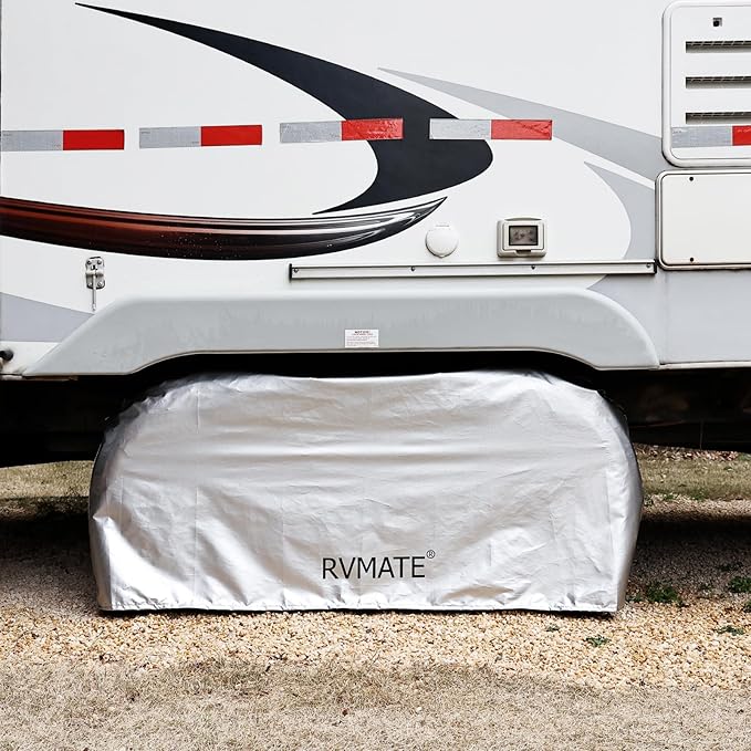 RVMATE RV Tire Covers, Dual Axle Wheel Cover (2 Pack) Fits 30"-33" Diameter Tires, Waterproof Anti-UV 420D Oxford Silver Dual Tire Covers RV Accessories for RV/Truck/Trailer
