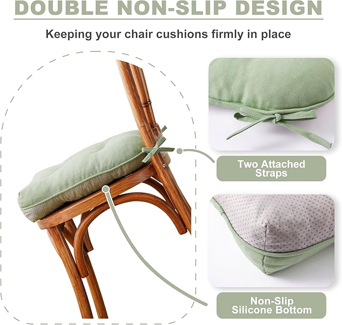 Battilo Chair Cushions Set of 4 for Dining Chairs, Seat Cushions for Kitchen Chairs with Non-Slip Backing, Indoor/Outdoor Waterproof Chair Seat Pads with Ties, 15.5"x15.5"x4", Sage Green