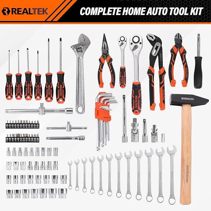 REALTEK 100 Piece Mechanic Tool Set, Car Tool Kit, Cr-V Socket Wrench Auto Repair Kit Includes Socket Accessories, Pliers, Heavy Hammer, Screw Drivers, General Households Tools with Larger Case