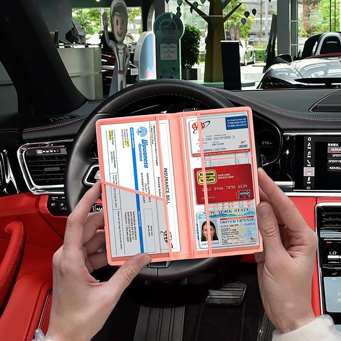 TOURSUIT Car Registration and Insurance Card Holder, Vehicle License Document Glove Box Compartment Organizer, Interior Car Accessories for Women Men Teens (Pink)
