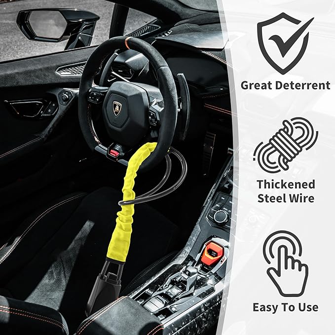 Car Steering Wheel Lock, 1 Pack Anti Theft Car Device with Max 17” Locking Length, Thickened Steel Wire, and Fine Stitched Edges, 3 Keys Included, Easy to Store, Fits Most Vehicles, SUVs（Yellow）