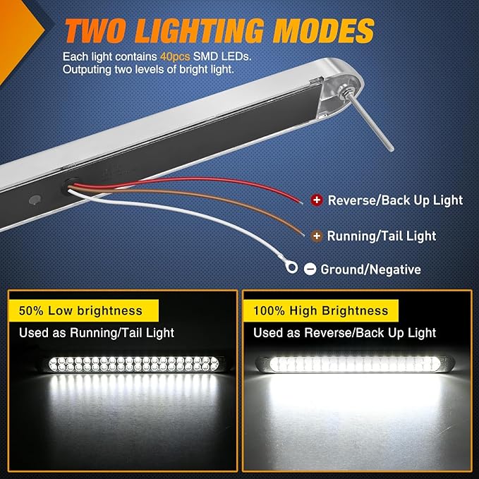 Nilight LED Tail Light 2PCS 17 Inch 40LED White Running Tail Reverse Back Up Lights w/Chrome Bezel Waterproof Surface Mount for 12V Towing Trailer Truck RV Camper Boat