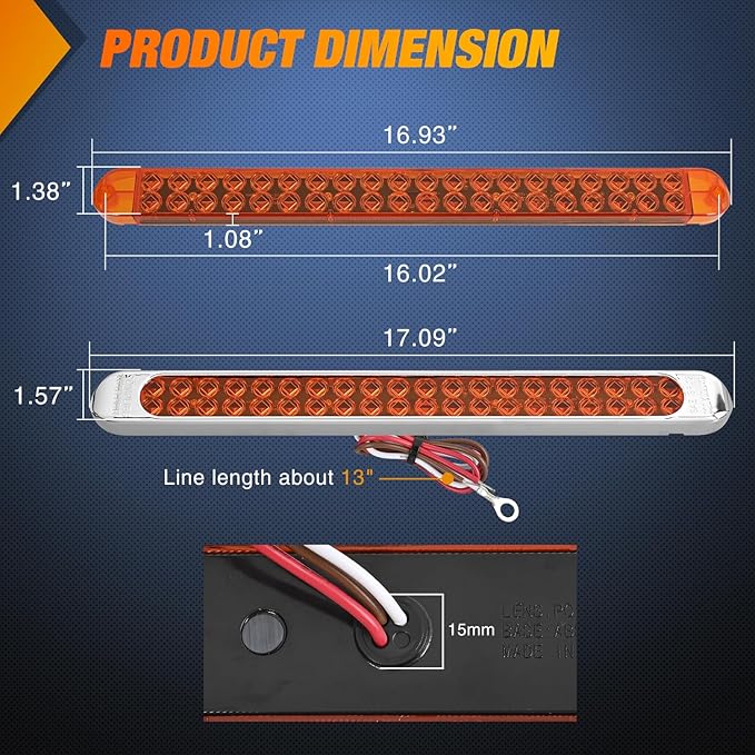 Nilight LED Tail Light 2PCS 17 Inch 40LED Amber Running Tail Turn Signals Lights w/Chrome Bezel Waterproof Surface Mount for 12V Towing Trailer Truck RV Camper Boat