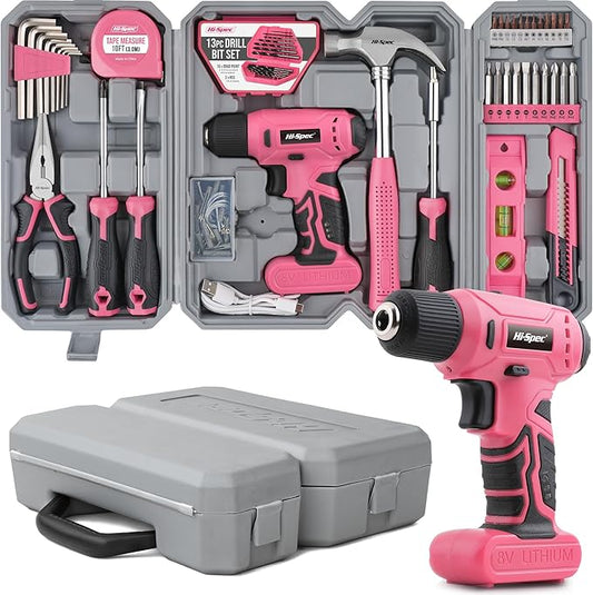 Hi-Spec 58pc Pink 8V USB Electric Power Cordless Drill Driver and Womens Ladies Home DIY Tool Kit Set. Screwdrivers, Drill Bit Set Accessories, Pliers and Hammer In a Toolbox Case