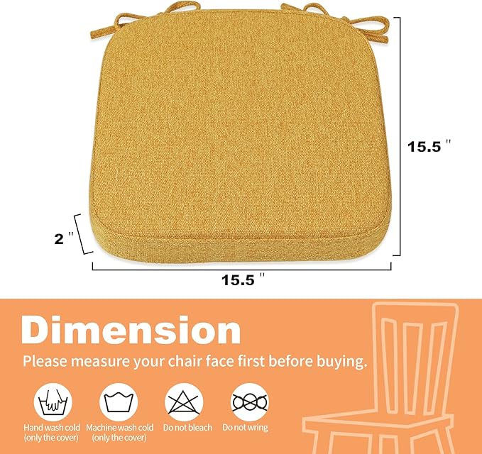 SINOSSO Memory Foam Chair Cushions for Folding Chairs 4 Pack, Thickened 2" Square Pads with Ties for Kitchen Chairs, Indoor Non-Slip Dining Chair Seat Cushions (Set of 4, Yellow)