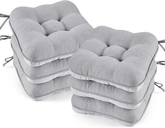 BETU Chair Cushions for Dining Chairs Set of 6,3.5" Thick Kitchen Table Chair Pads with Ties,Non Slip Backing and Covers, Seat Cushion for Dining Room,Bar,Patio Chairs,15.5"X15.5"X3.5",Light Grey