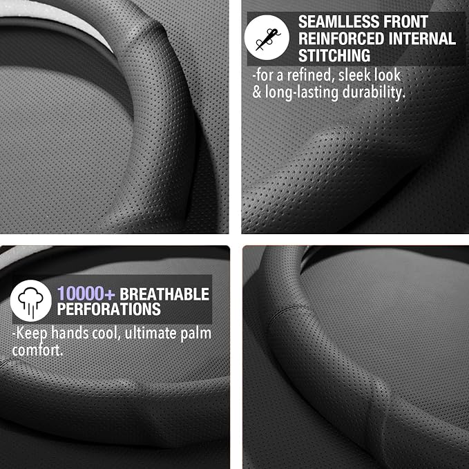 PINCTROT Large Size Nappa Leather Steering Wheel Cover with Ergonomic Palm Support Grip, Full Perforated Breathable, Slim Fit No Bulk Design,15.5-15.75 Inch(Black)