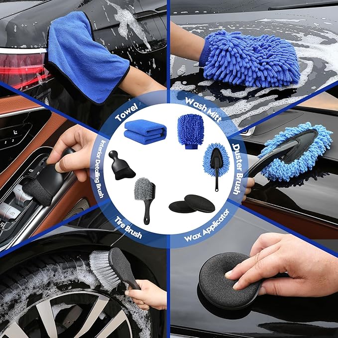 24Pcs Car Detailing Kit, Car Detailing Brush Set, Car Wash Cleaning Kit, Car Detailing Brushes, Professional Car Care Kit for Interior Exterior Wheels, Blue