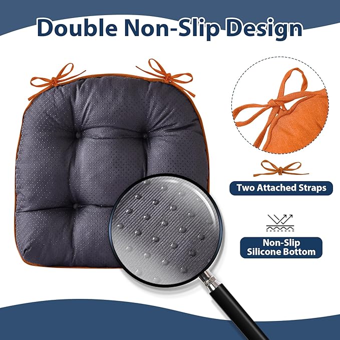 IASEAHK Chair Cushions for Dining Chairs, Seat Cushions for Kitchen Chairs, Indoor Seat Cushions with Ties, Tufted Foam Chair Pads, Non Slip Chair Cushions Set of 4, 15.5" x 15.5" x 4", Orange