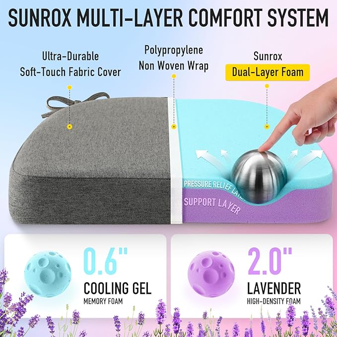 SUNROX Cooling Gel Memory Foam Chair Cushions, 2.6" Thick U-Shaped Dual-Layer Comfort Dining Chair Pads, Non Slip Seat Cushion with Ties for Indoor Kitchen Office 17"x16" Set of 4, Taupe