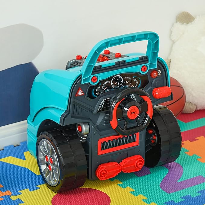 Qaba Truck Engine Toy, Kids Mechanic Set with Lights, Sounds, Steering Wheel and Horn, Pretend Car Service Station Play with 61-Piece Included for Kids Aged 3+, Blue