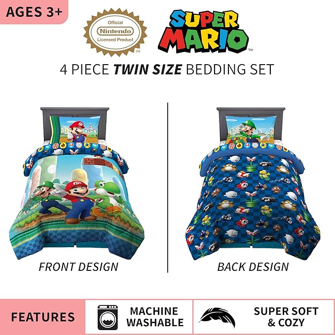 Super Mario Kids Twin Size Bedding, 4 Piece Super Soft Cozy Reversible Comforter and Sheet Set, (Officially Licensed Product) By Franco