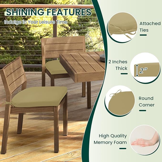 HARBOREST Outdoor Chair Cushions Set of 4, Water Resistant Patio Chair Cushions with Ties, Outdoor Seat Cushions for Patio Furniture, 17"x16"x2", Khaki