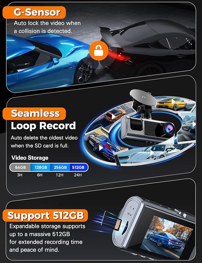 Galphi 3 Channel WiFi Dash Cam Front and Rear Inside, 2.5K+1080P+1080P Car Dash Camera for Cars Front and Rear, Dashcam with G-Sensor, Loop Recording, 24H Parking Mode, SD Card NOT Included