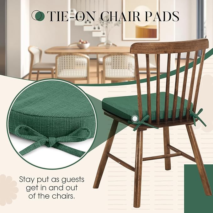 Basic Beyond Chair Cushions for Dining Chairs 6 Pack, Kitchen Chair Cushions with Ties and Non Slip Backing, 16 x 16 inches Chair Pads for Dining Chairs (Forest Green)