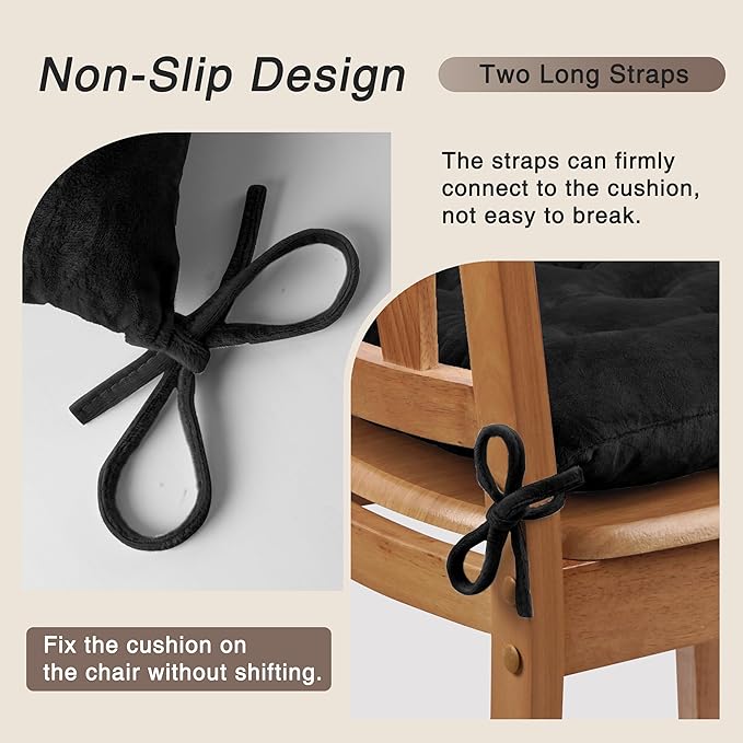OVOV 4 Pack Chair Cushions for Dining Chairs Soft Seat Cushions for Kitchen Desk Chairs Square Chair Pads with Ties (15.5"x15.5" Black)