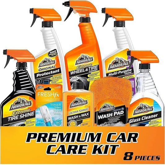 Armor All Premium Car Care Kit, Includes Extreme Tire Shine, Protectant, Multi-Purpose Cleaner, Car Wax & Wash Kit, Glass Cleaner, Car Air Freshener, Tire & Wheel Cleaner and Wash Pad, 8 Count