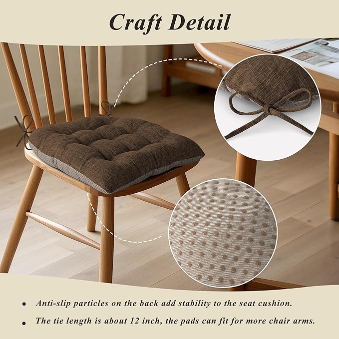 Chair Cushions for Dining Chairs Set of 2 Durable D-Shaped Seat Cushions with Non-Slip Backing Secure Ties Thick Cozy Seat Pad for Kitchen Dining Room Office(18x16.5x3in Coffee)