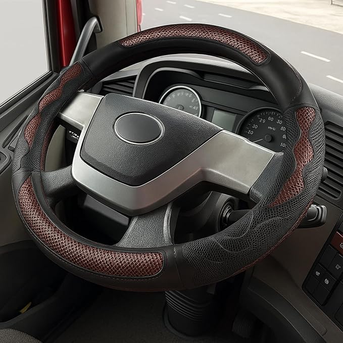 DaisyInner 18 Inch Semi Truck Steering Wheel Cover Heavy Duty Leather Wheel Comfy Grip Cover Anti Slip Car Accessory Fits Rv, Big Rig 18 Wheeler and Pickup (Red, Classic Style)