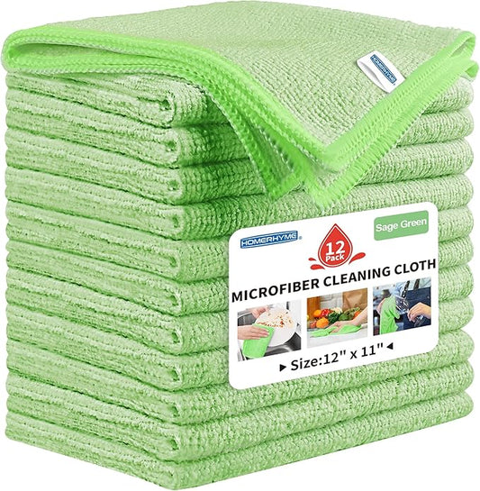 Microfiber Cleaning Cloth, 12 Pack Green Cleaning Rags,12" X 11" Lint Free Dish Towels Wash Cloths, Reusable Microfiber Towels for Home and Kitchen Bathroom Apartment Cleaning Supplies