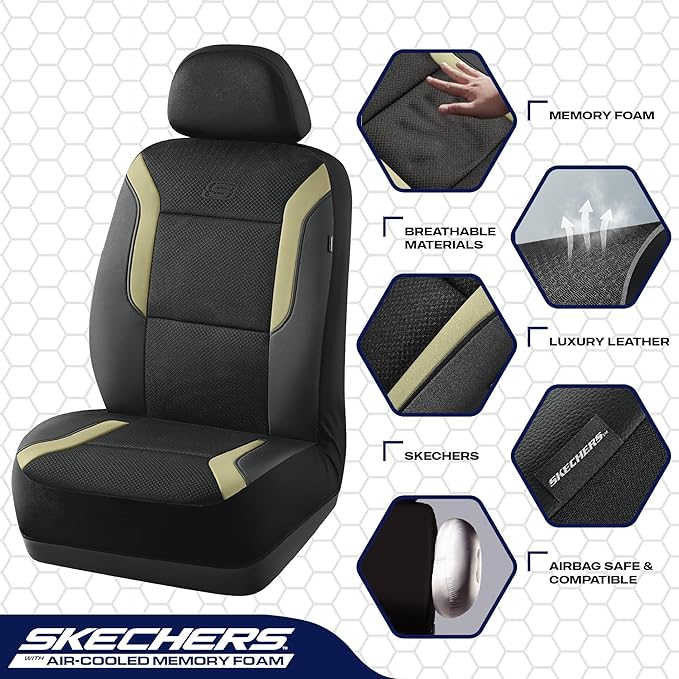 Skechers Memory Foam Car Seat Covers, Air Cool Mesh Thick Seat Covers,Car Seat Covers Front Seats Airbag Compatible, Automotive Comfort Protection for Most Cars,Van,Trucks, SUVs,Beige