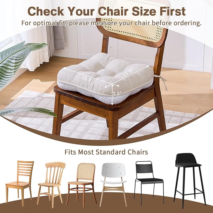BETU Chair Cushions for Dining Chairs Set of 6,3.5" Thick Kitchen Table Chair Pads with Ties,Non Slip Backing and Covers, Seat Cushion for Dining Room,Bar,Patio Chairs,15.5"X15.5"X3.5",Beige