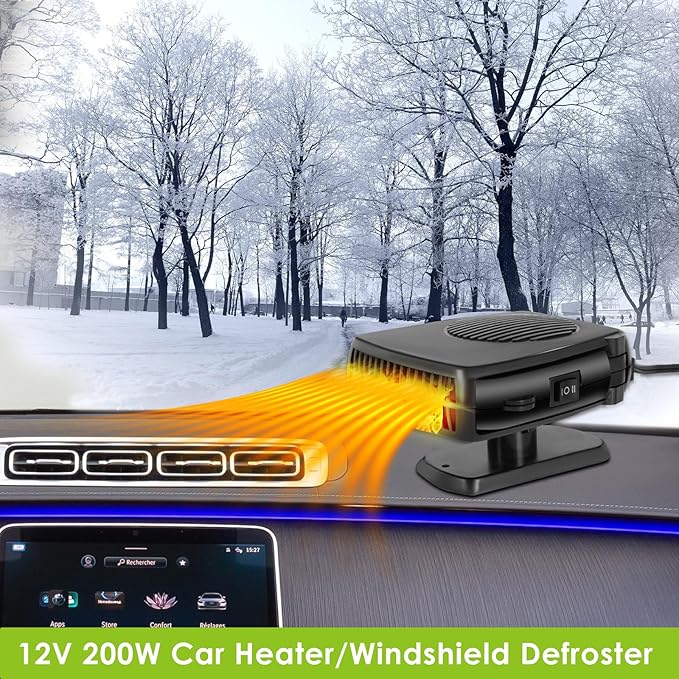 Car Heater, 12V 200W Portable Car Demister Windshield Defogger and Defroster Fast Heating&Cooling Fans with Cigarette Lighter Plug/Ergonomic Handheld/360° Rotary Base for Cars, SUV, Jeeps, Trucks, MPV