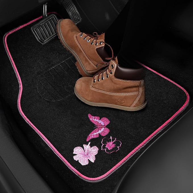 CAR PASS Embroidery Butterfly and Flower Car Floor Mats, Pink Car Floor Mats Universal Fit 95% Automotive,SUVS,Sedan,Vans,for Cute Women,Girly,Set of 4 (Black with Pink)