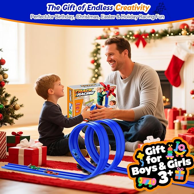 Nicmore Flexible Race Track Toy Set: 15ft DIY Bendable Ramp with Suction Cups – Portable Roll-Up Car Track for Kids Compatible with 1:64 Diecast Cars – Birthday Christmas for Boys Girls Ages 3+