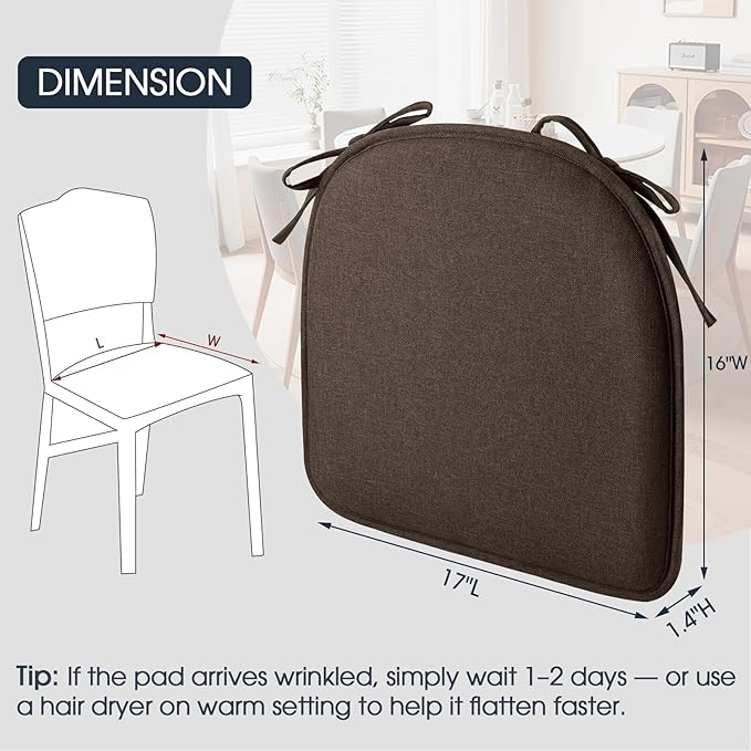 TushGuard Chair Cushions for Dining Chairs Set of 4, Soft Seat Cushions for Kitchen Chairs, Non-Slip Bottom with Ties, Comfortable Everyday Chair Pads, Brown
