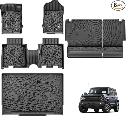 3W Ford Bronco Floor Mats & Cargo Liner & Back Seat Cover Custom Fit for 2021-2025 2026 Bronco 4 Door All Weather Custom Fit Ford Bronco Accessories (Not for Sport & Rubberized Floor)