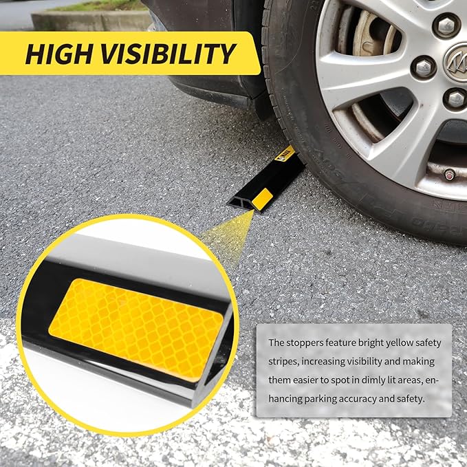 MaxxHaul 51035 18 in. Heavy Duty Car Parking Stoppers 2 Pack Easy Install 18" x 1.25" x 3.5" for Garage and Outdoor Car SUV Truck Eco Friendly Material Reflective Strips
