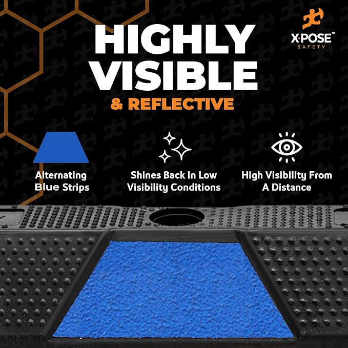 Xpose Safety 72" Heavy Duty Rubber Parking Stopper – Bulk Full Pallet 50 Pack Wheel Blocks for Garage, Driveway, or Ramp – Car Bumper Stop with Blue Reflective Strips – Removable Floor Mount