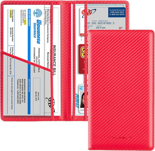 TOURSUIT Car Registration and Insurance Card Holder, Vehicle License Document Glove Box Compartment Organizer, Interior Car Accessories for Women Men Teens (Carbon Red)