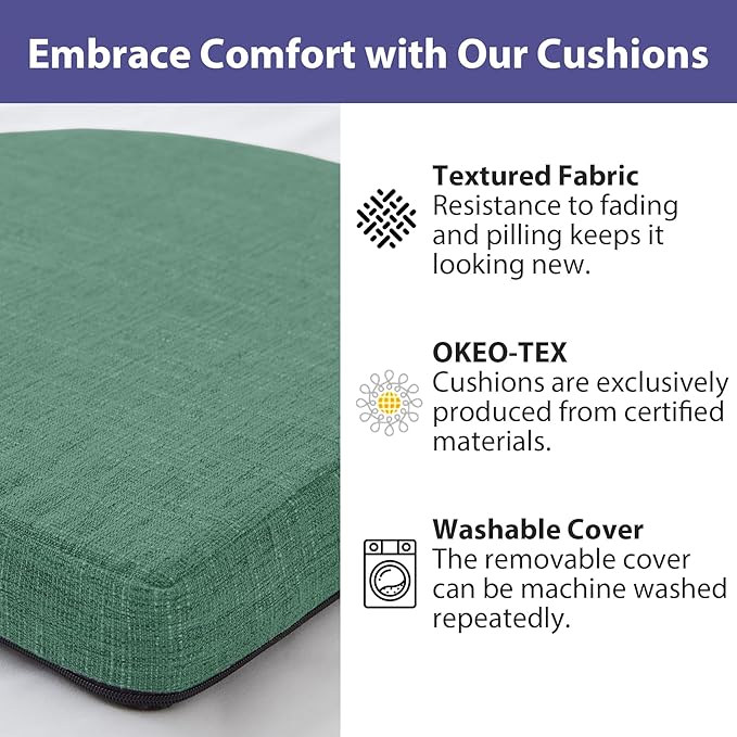 IPYNBAP Chair Cushions for Dining Chairs, Kitchen Chair Cushions, 16'' x 16'' x 2'', Non Slip Indoor Seat Cushions, Chair Pads for Dining Chairs with Ties & Removable Cover, Set of 4, Dark Green