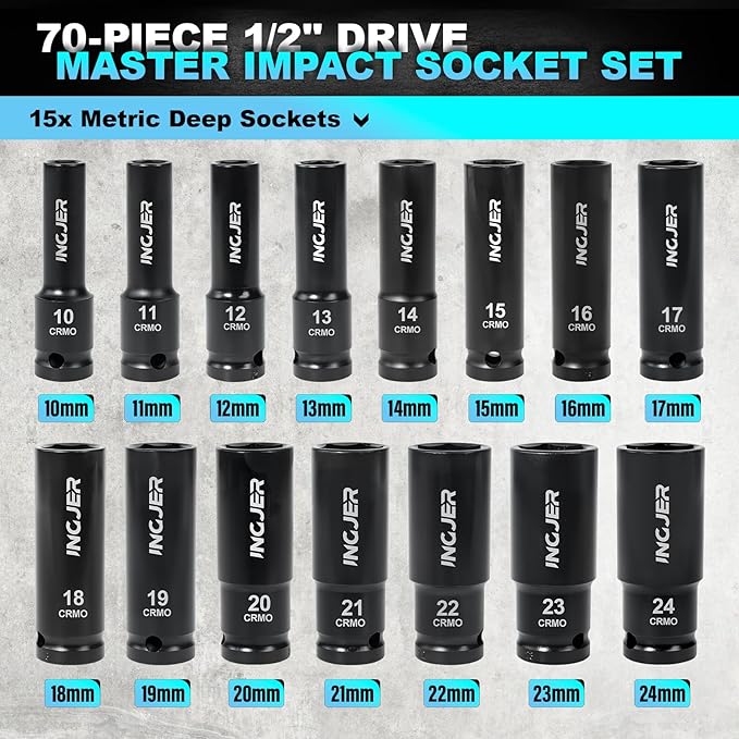 1/2" Drive Impact Socket Set, 70 Piece SAE 3/8" to 1-1/4" and Metric 10-24mm, 6 Point Cr-MO Alloy Steel for Auto Repair, Easy-to-Read Size Markings, Rugged Construction, Storage Case