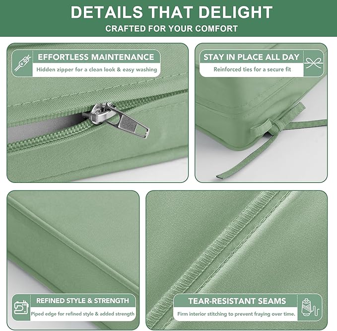 Summsun Outdoor Cushions for Patio Furniture, Double-Sided Waterproof Backrest and Deep Seat Cushion Set with Removable Cover, 22 x 22 Inch, Sage Green, 1 Set