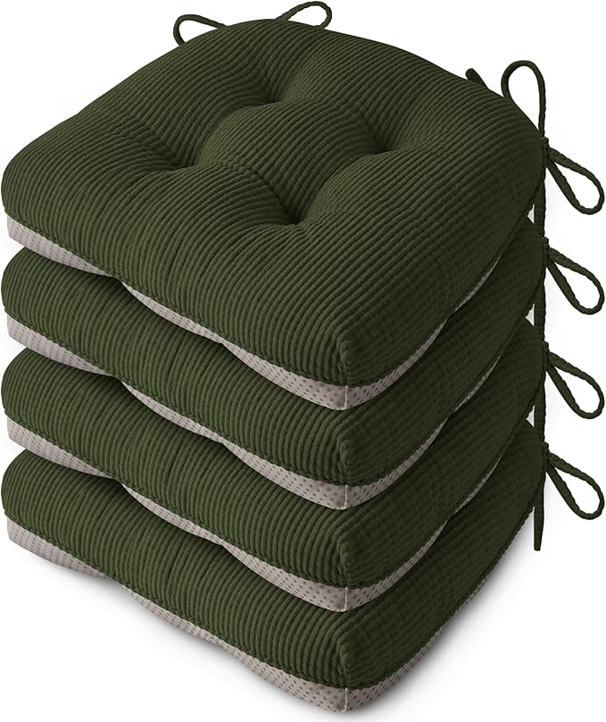 Indoor Kitchen Chair Cushions Set of 4 18"X16.5"X3" Soft Anti Slip Dining Chair Pads Tufted Kitchen Seat Cushion with Ties, Dark Green