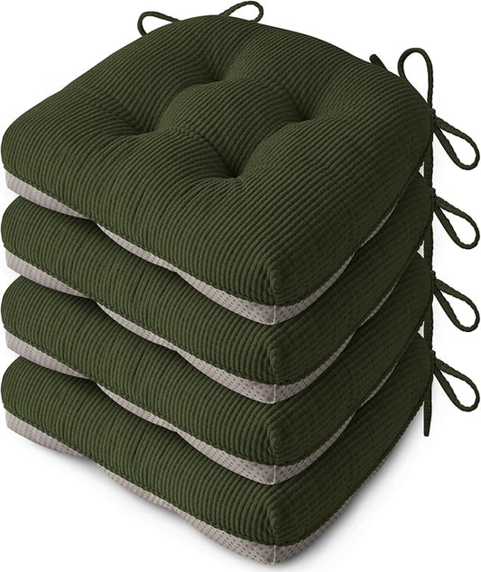 Indoor Kitchen Chair Cushions Set of 4 18"X16.5"X3" Soft Anti Slip Dining Chair Pads Tufted Kitchen Seat Cushion with Ties, Dark Green
