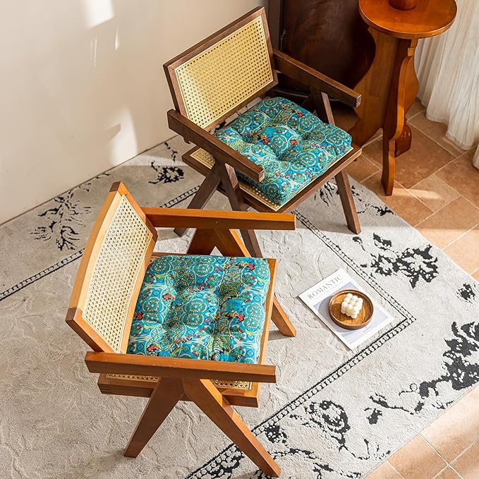 vctops Boho Geometric Chair Cushions with Ties U-Shaped Soft Cozy Cotton Linen Chair Pads Non Slip Seat Cushions for Indoor Dining Room and Kitchen Chairs (Turquoise,18"x18")