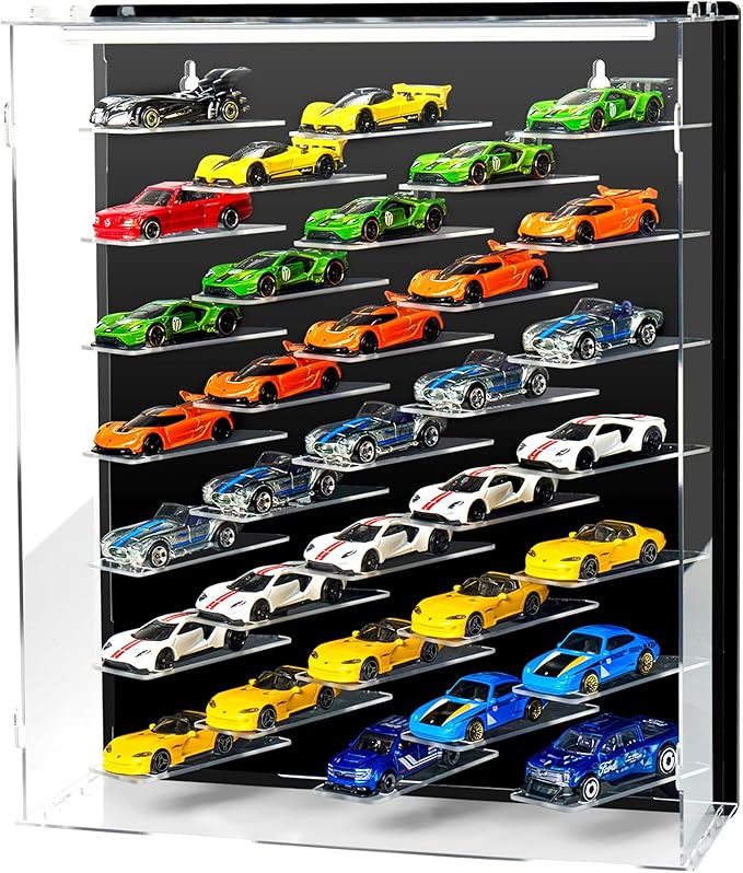 Acrylic Display & Storage Case for 1:64 Scale Diecast Cars - Wall Mountable/Tabletop 3D Showcase with LED Lights & Acrylic Dustproof Cover - Maximum 40 Toy Cars - Ideal Gifts for Collector （Black）